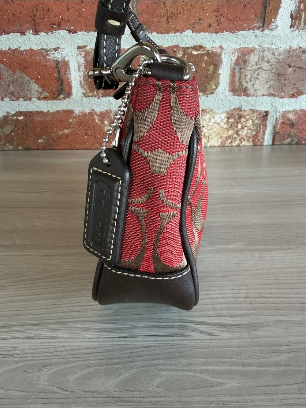 Coach Red and Brown Signature Jacquard Shoulder Bag - Picture 5 of 7